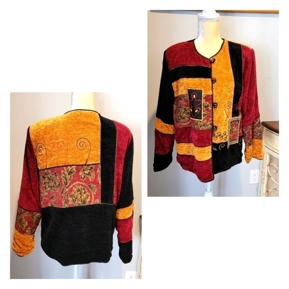 ALLURE vintage wms L BLACK PRIMITIVE ART TO WEAR BUTTON DOWN LINED JACKET T33